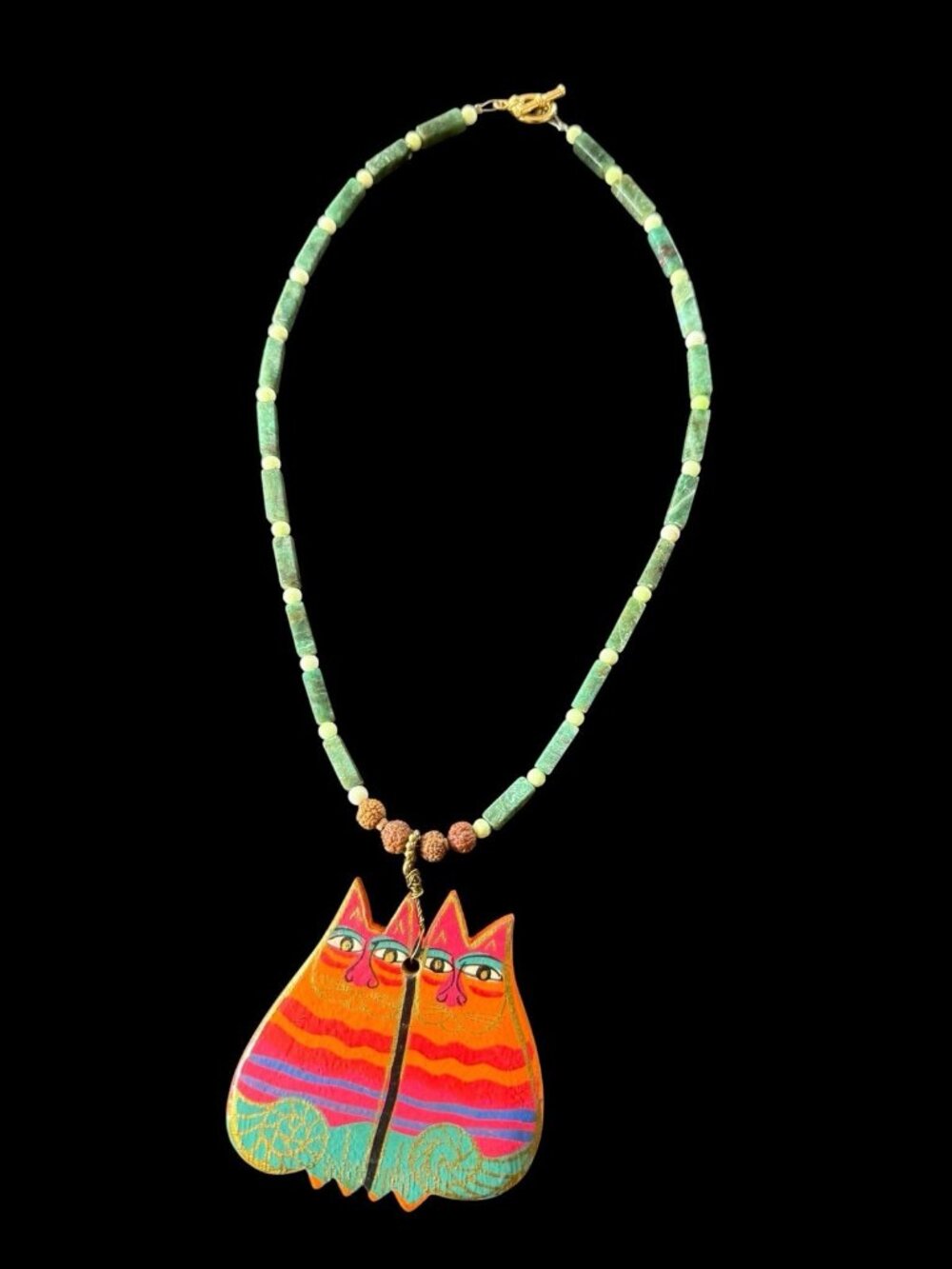 LAUREL BURCH Hand Painted Wooden Cat Duo Ornament Beaded Toggle Necklace